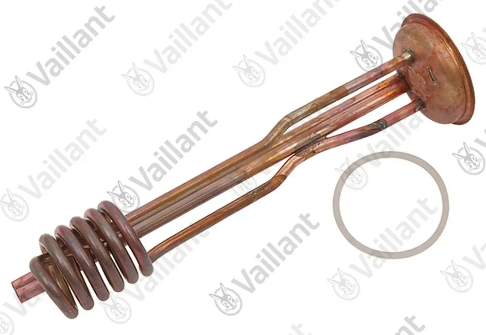 Vaillant Heizkörperteil mit gebogenem Rohr und angeschlossenem Element, hergestellt aus Kupfer, auf neutralem Hintergrund.